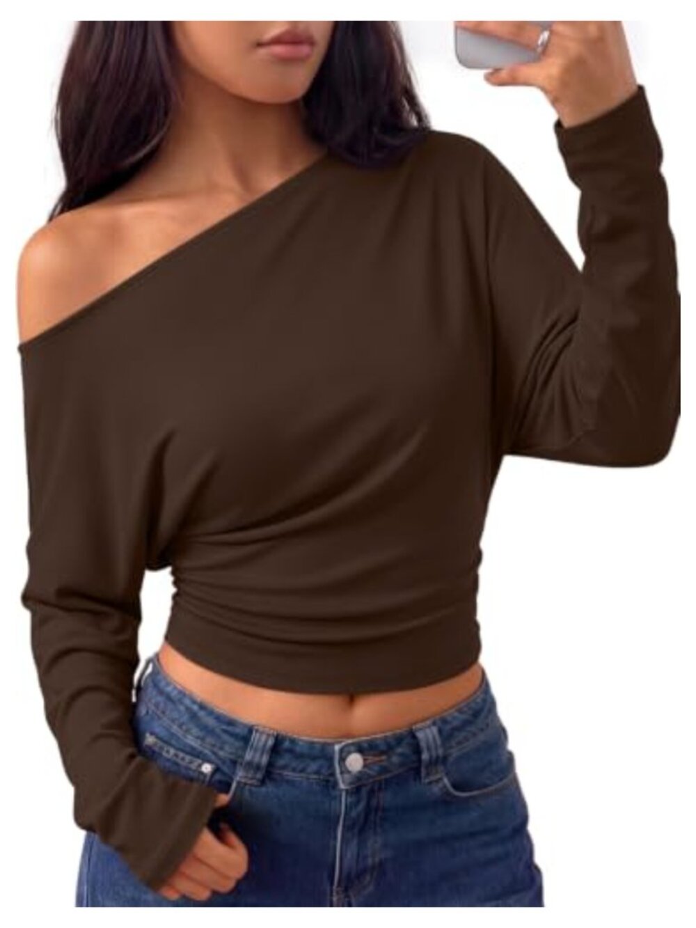 Off the Shoulder Cinched Waist Long Sleeve Crop Top Rayon Spandex